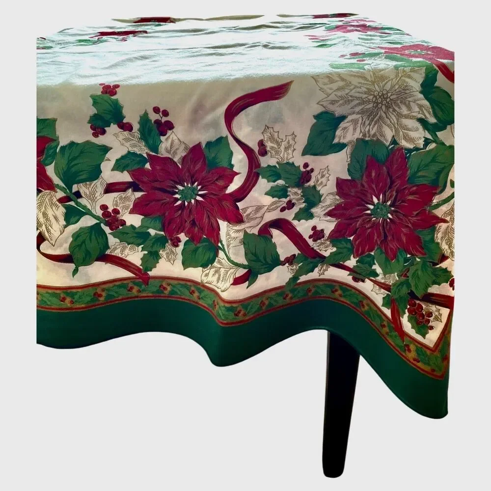 Christmas Tablecloth 60x80 Poinsettia Holly Ribbon Green Red Fashion Industries